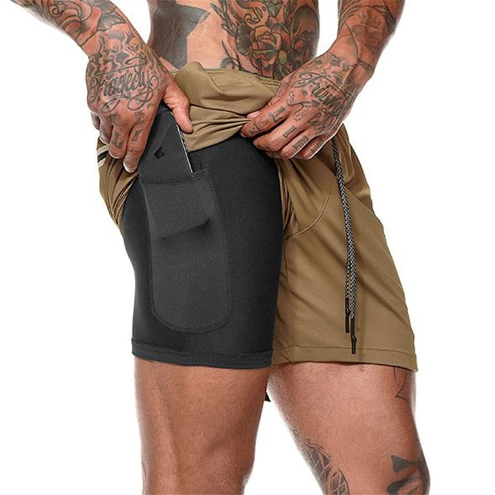 Men 2 in 1 Running Shorts Jogging Gym Fitness Training Quick Dry Beach Short Pants Male