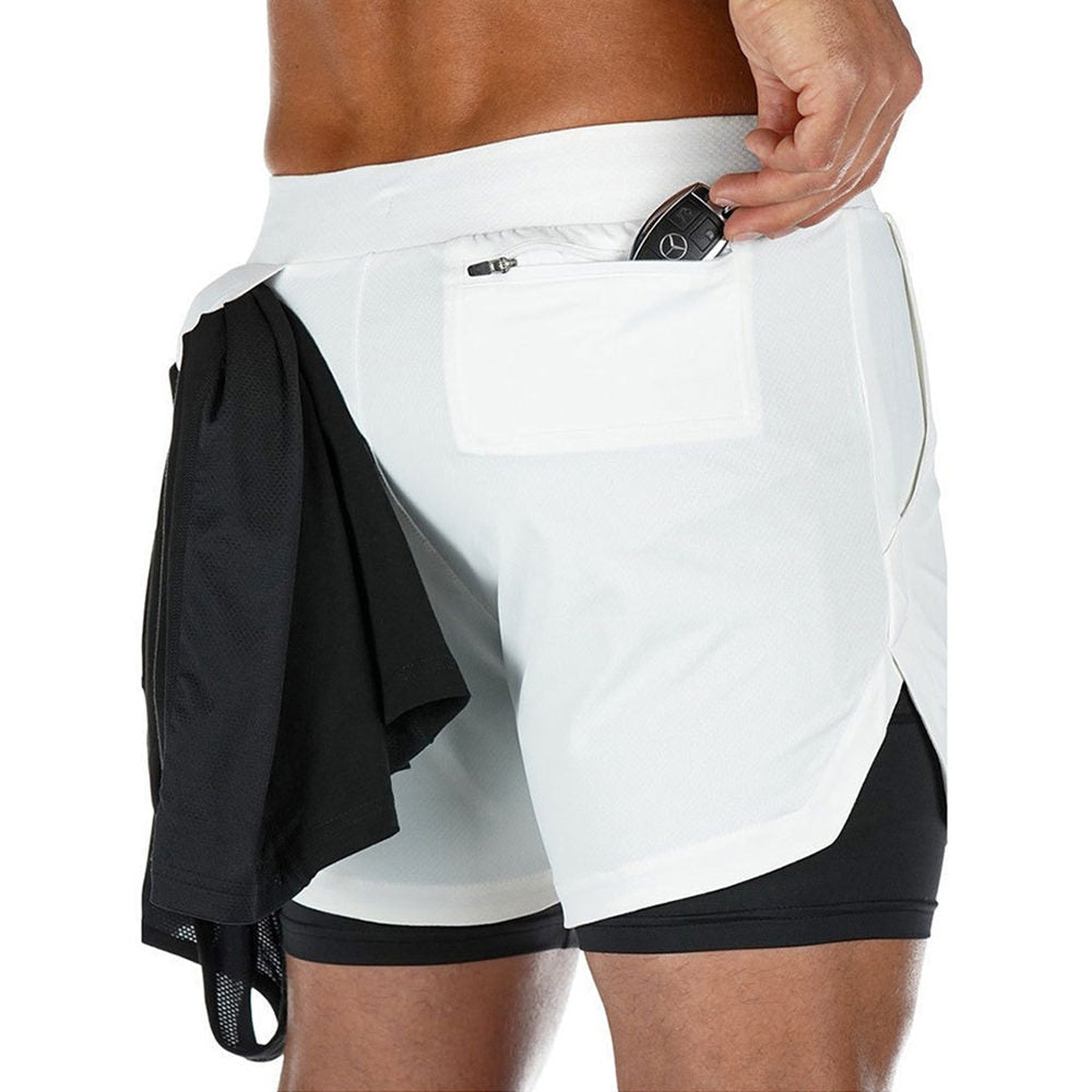 Men 2 in 1 Running Shorts Jogging Gym Fitness Training Quick Dry Beach Short Pants Male