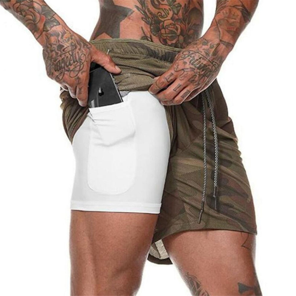 Men 2 in 1 Running Shorts Jogging Gym Fitness Training Quick Dry Beach Short Pants Male