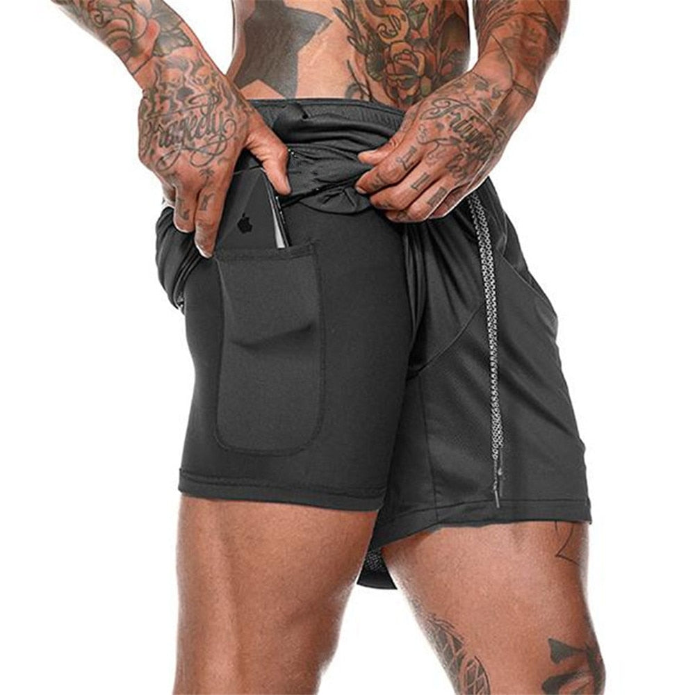 Men 2 in 1 Running Shorts Jogging Gym Fitness Training Quick Dry Beach Short Pants Male